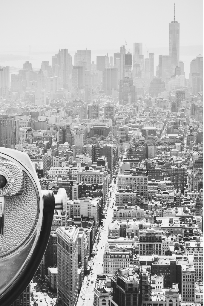 Aerial view of nearly all of the Lower Manhattan skyline with binoculars from observation deck, New York City