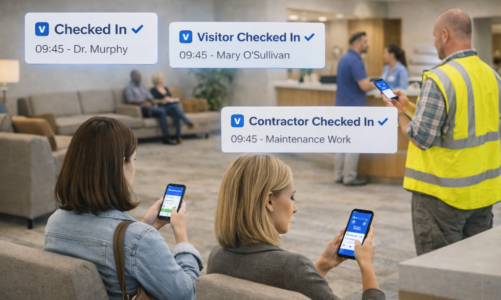 Modern waiting room with patients and visitors using VARD Arrivals check-in system