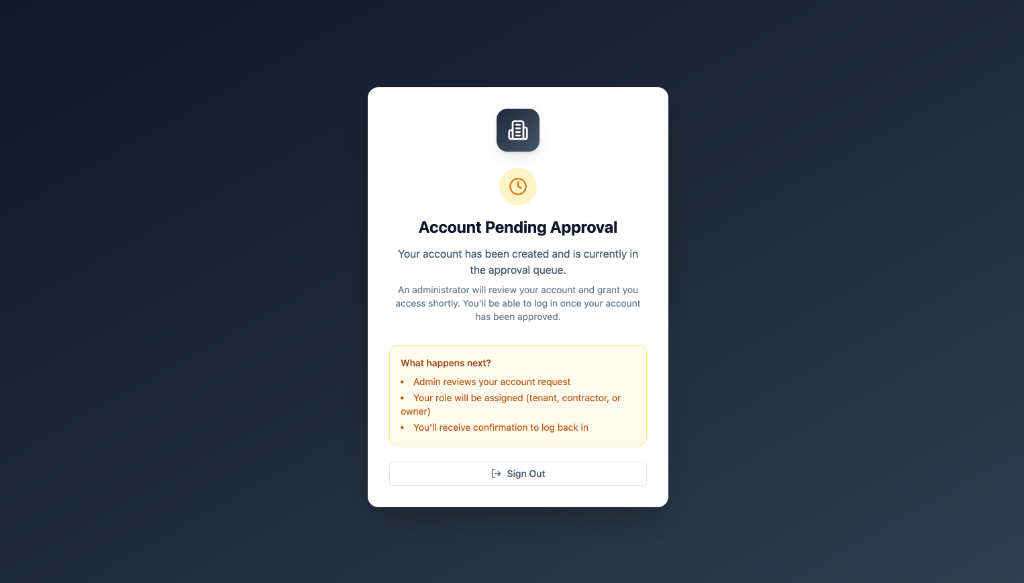 Account Pending Approval Screen