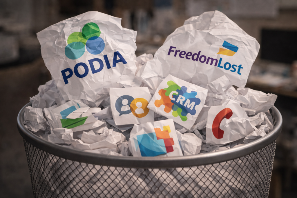 Crumpled software logos in trash illustrating wasted tools