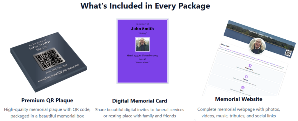 What's included - Premium QR Plaque, Digital Memorial Card, Memorial Website