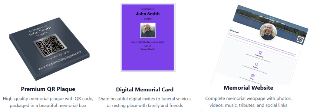What's included - Premium QR Plaque, Digital Memorial Card, Memorial Website