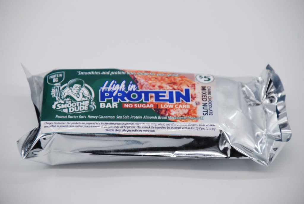 The Smoothie Dude handcrafted dark chocolate mixed nuts protein bar