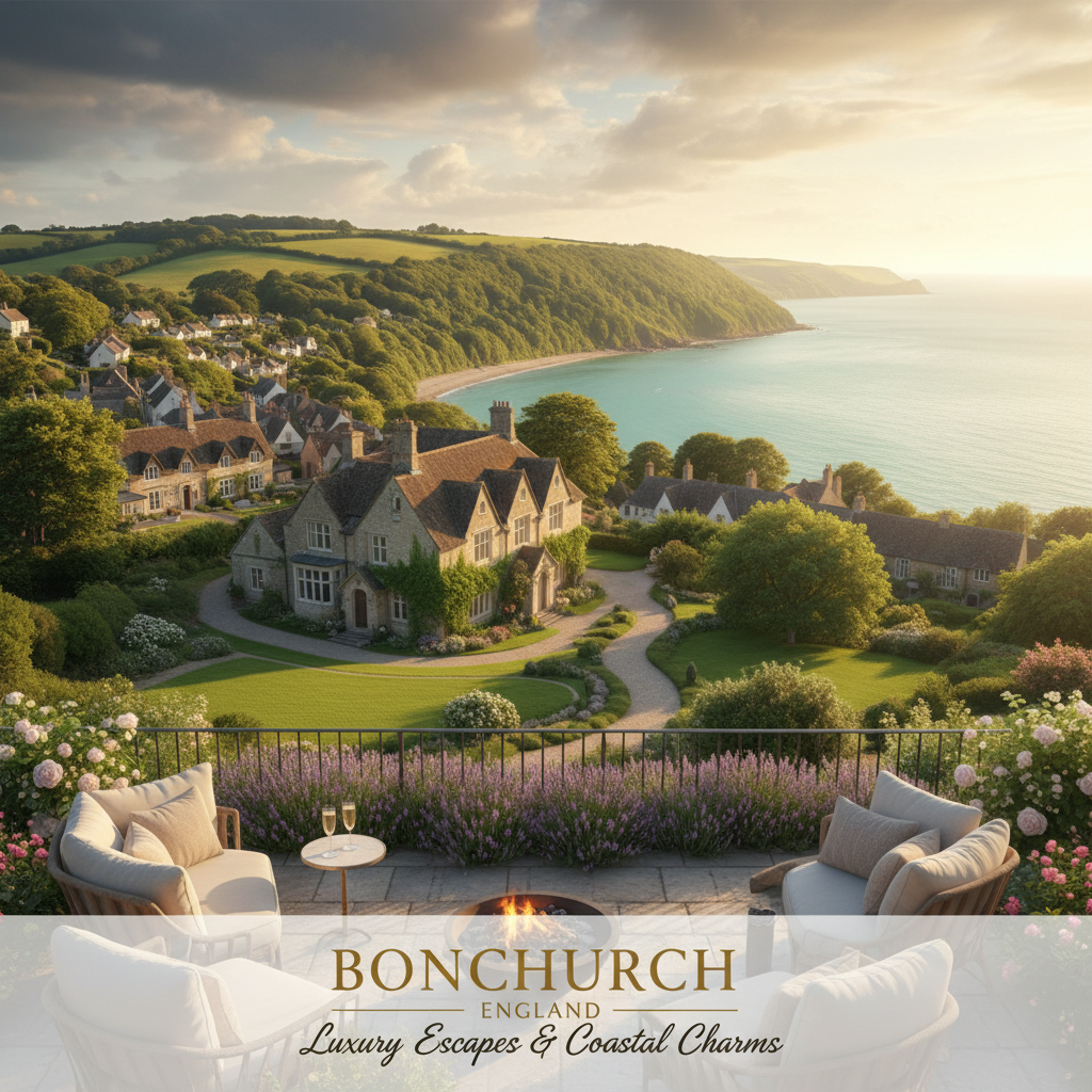 Scenic aerial view of Bonchurch, showcasing coastal beauty and luxury homes in a serene setting.
