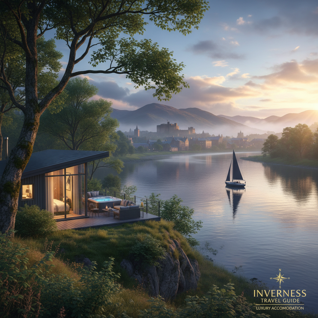 Aerial view of Inverness showcasing luxury accommodation by the river, with mountains in the background.
