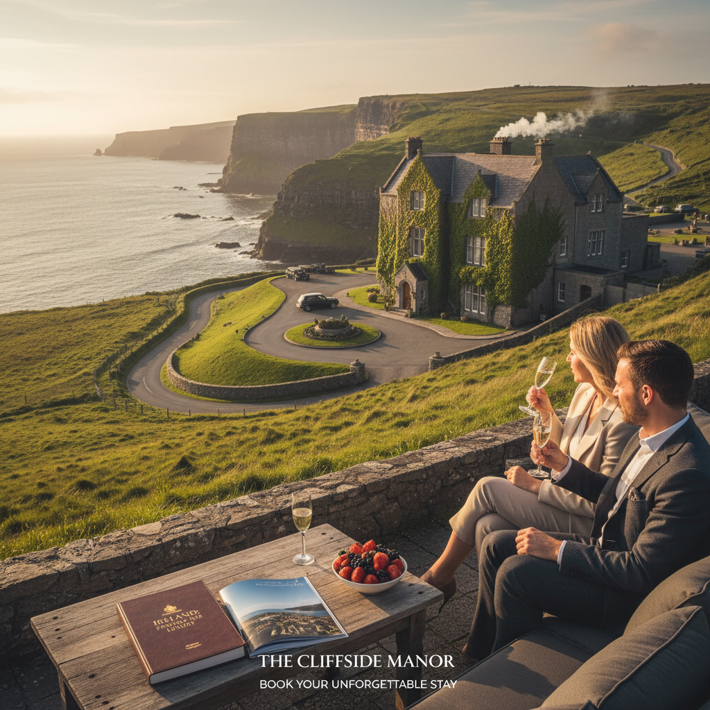 Scenic view of a coastal manor with guests enjoying drinks, highlighting Ireland’s hospitality investment potential.