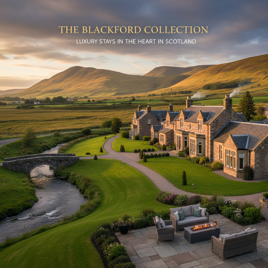 Scenic aerial view of Blackford, Edinburgh, showcasing luxury accommodations and lush landscapes in Scotland.
