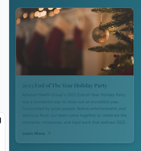 Alliance Health Group's festive end of year holiday party celebration with team members.
