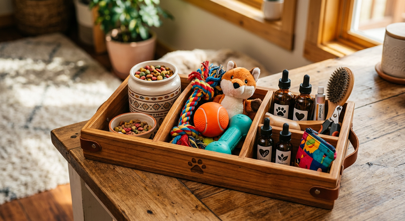 Care kit for pets including food and toys.
