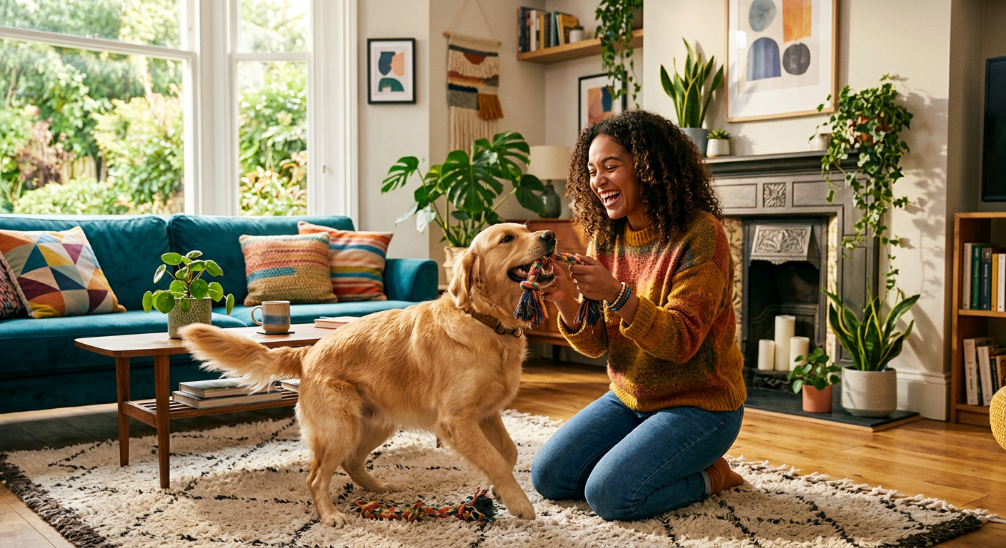 Pet sitter enjoying time with a joyful dog.