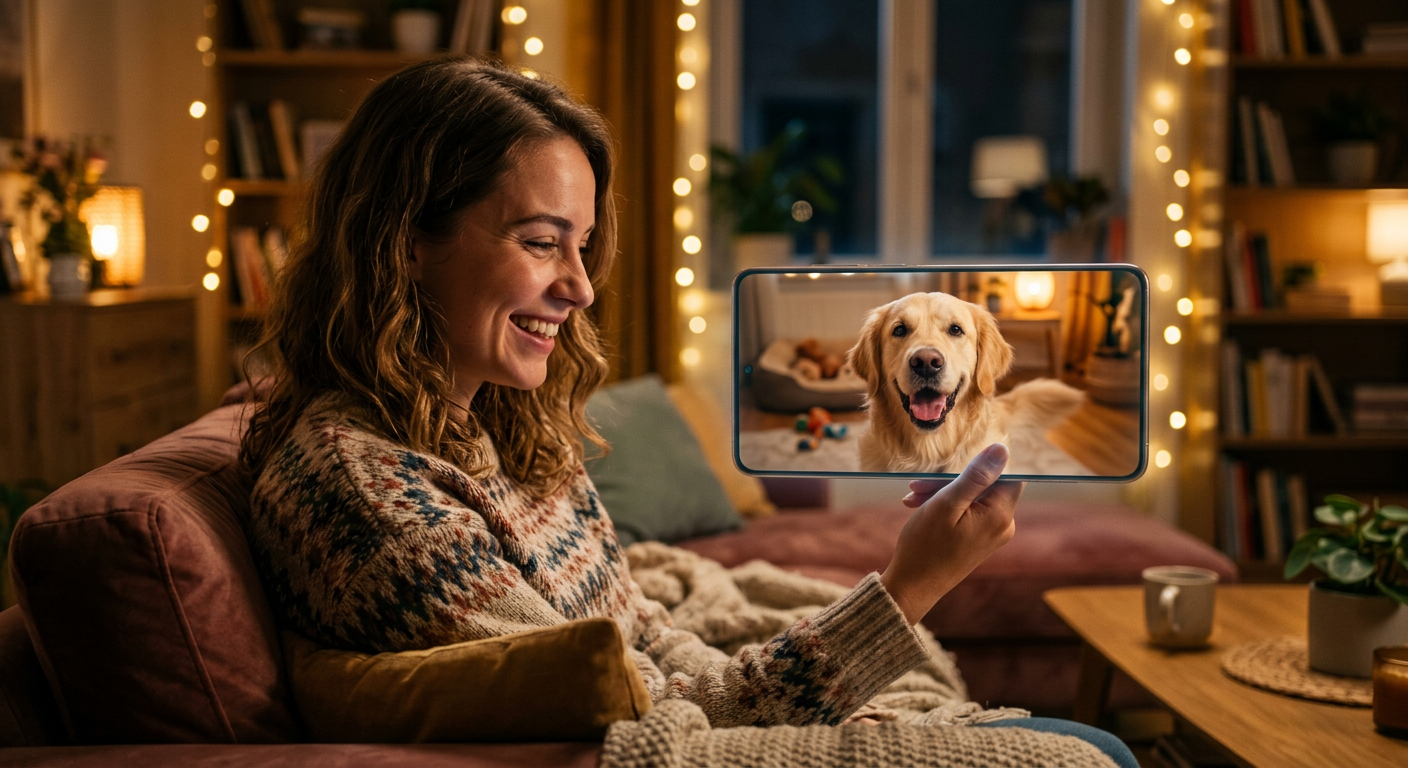 Pet owner video calling their pet while on vacation.