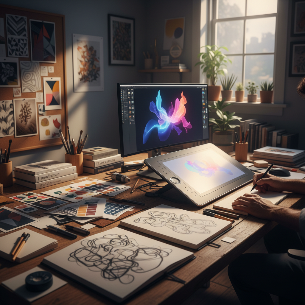 Creative graphic design workspace