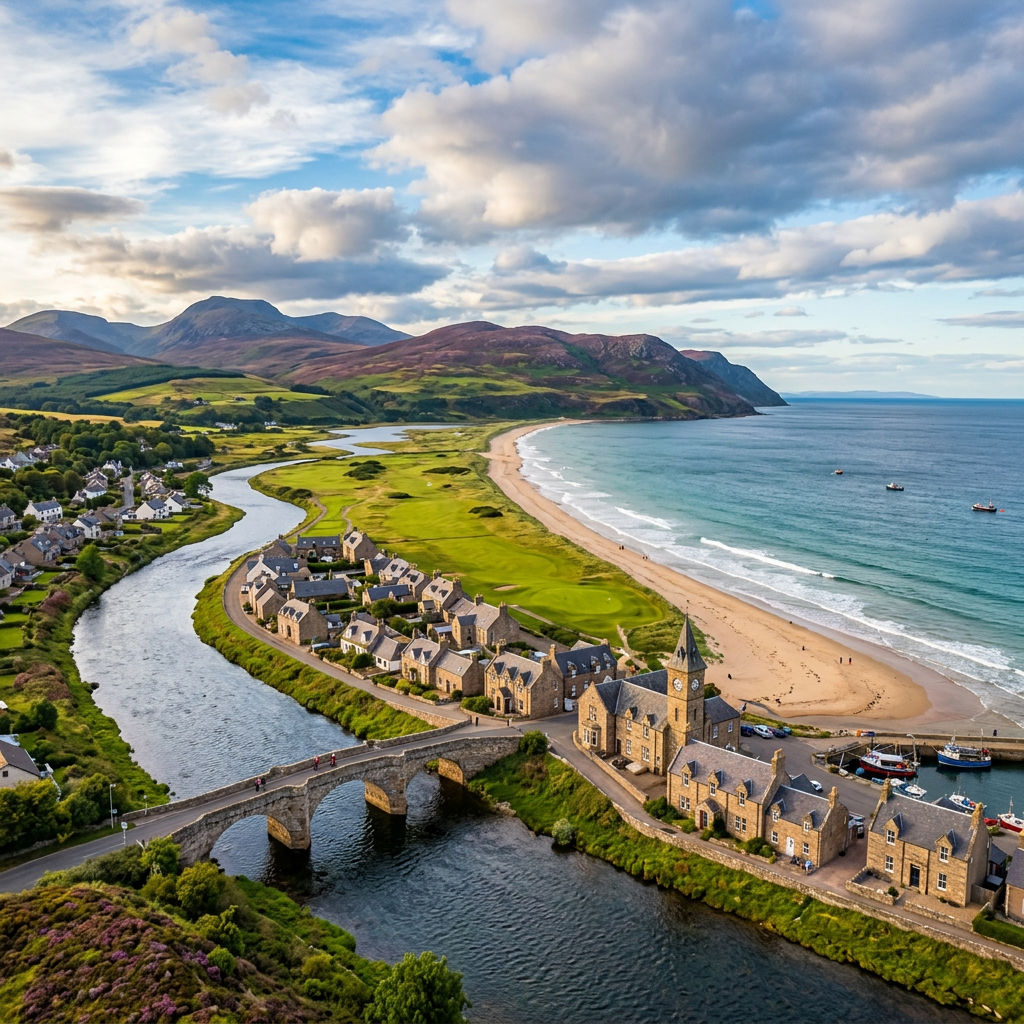 Stunning coastal view of Brora, Scotland at sunset.