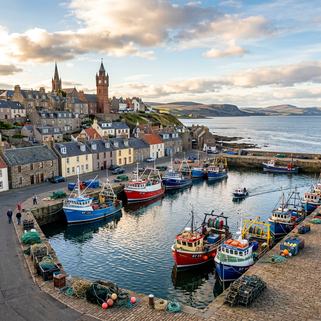 Scenic view of Buckie, Scotland with coastal cliffs and sea.