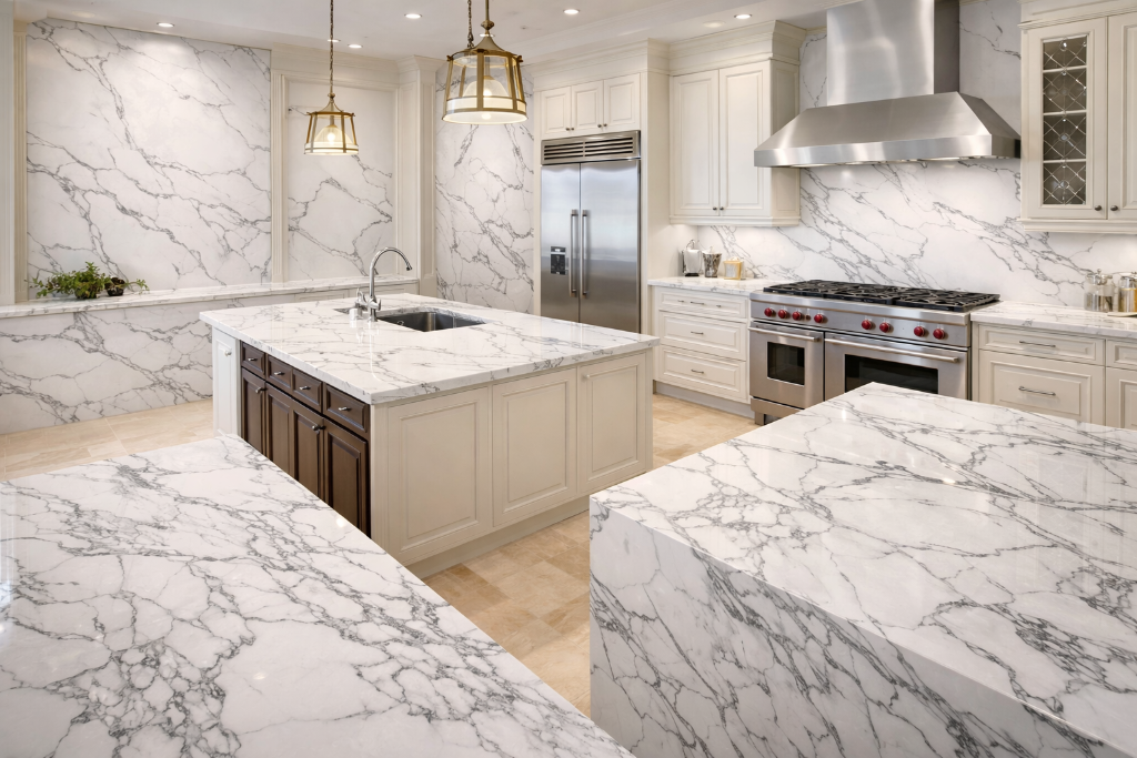 Cozinha luxuosa com bancada Calacatta