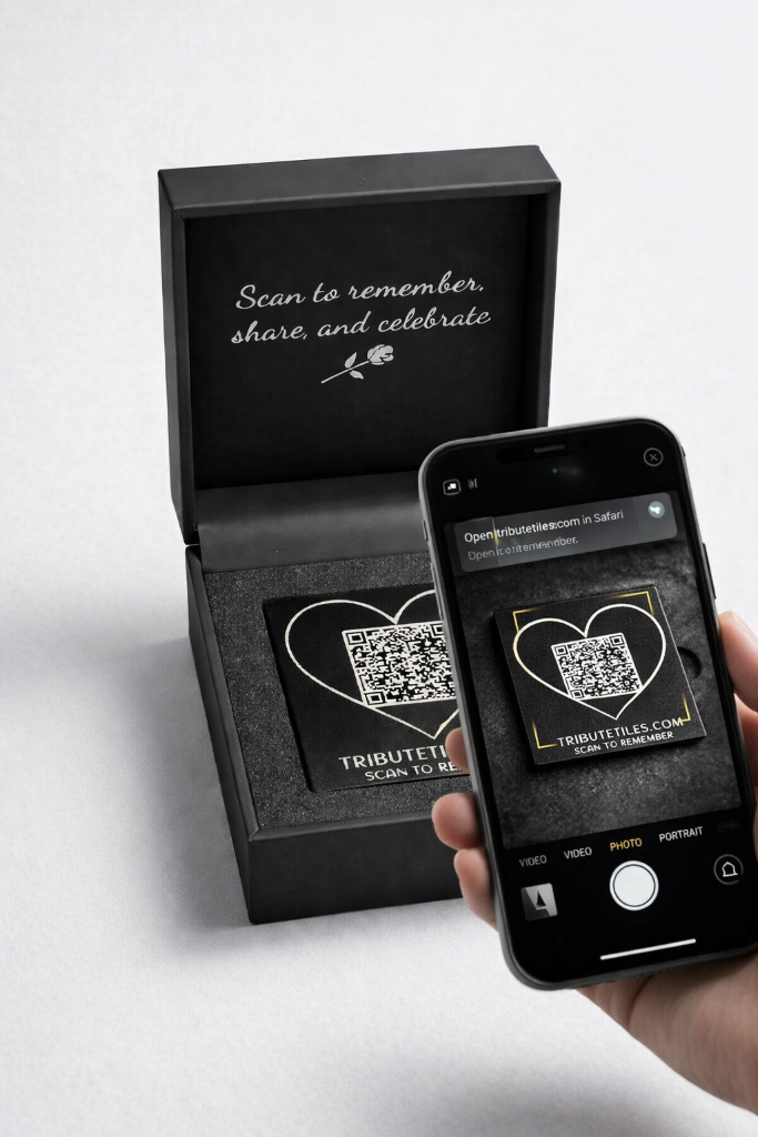 Scanning QR memorial tile with smartphone