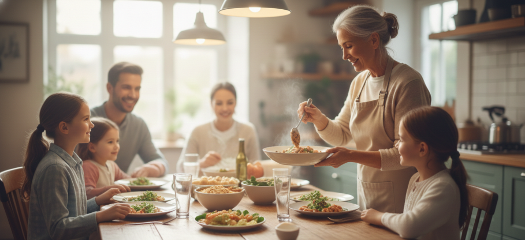 Family enjoying home cooked meal