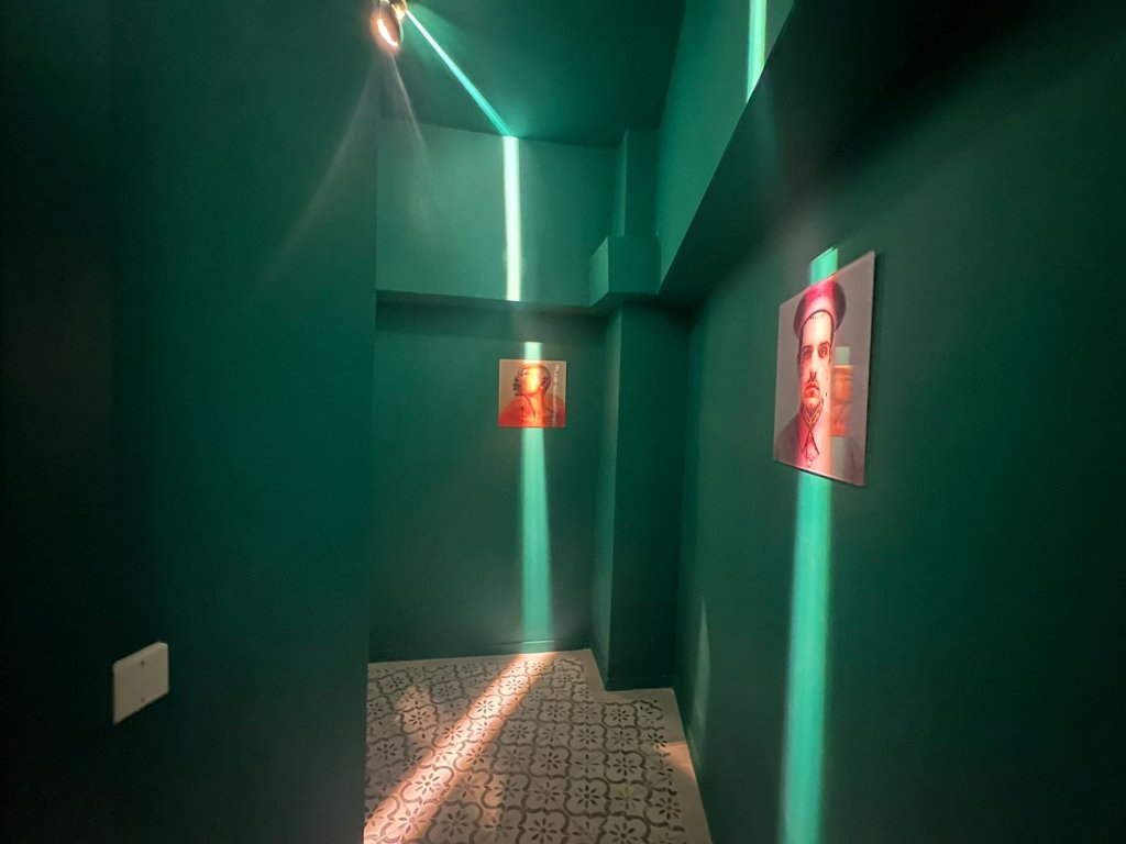 Hallway with teal lighting