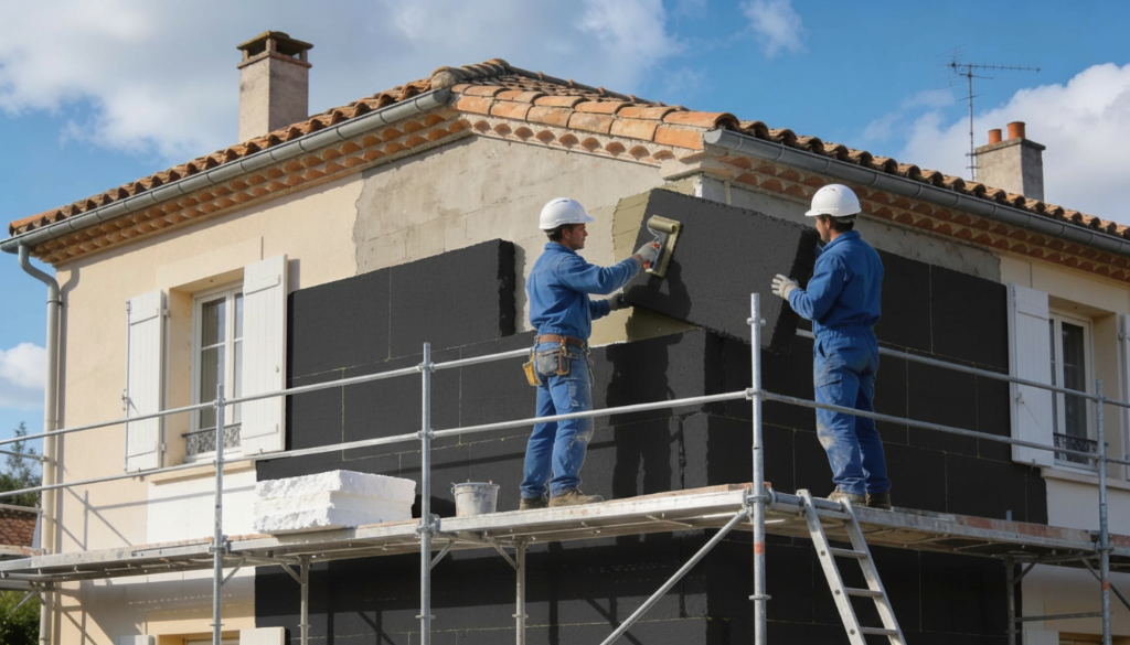 Pose de l'isolation extérieure par les techniciens Reno Plus