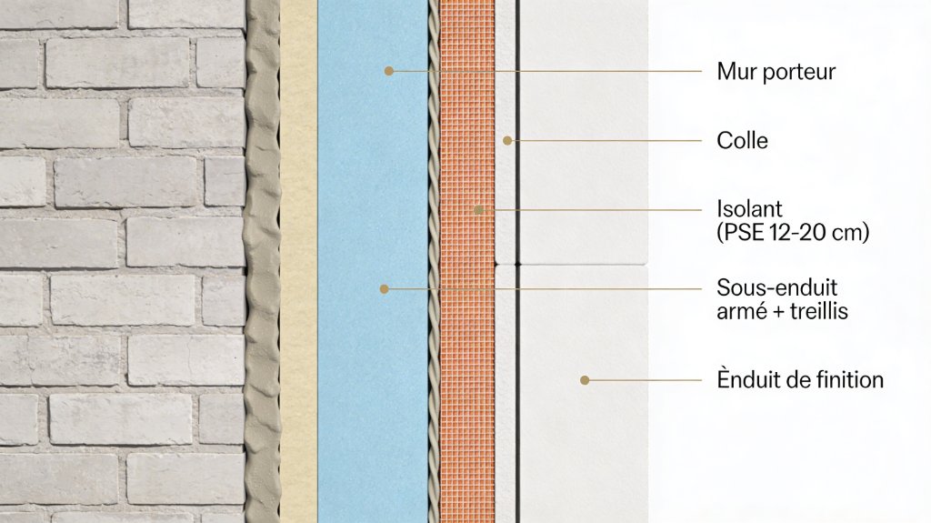 Schéma couches isolation thermique extérieure : mur porteur, isolant PSE, sous-enduit armé, enduit de finition