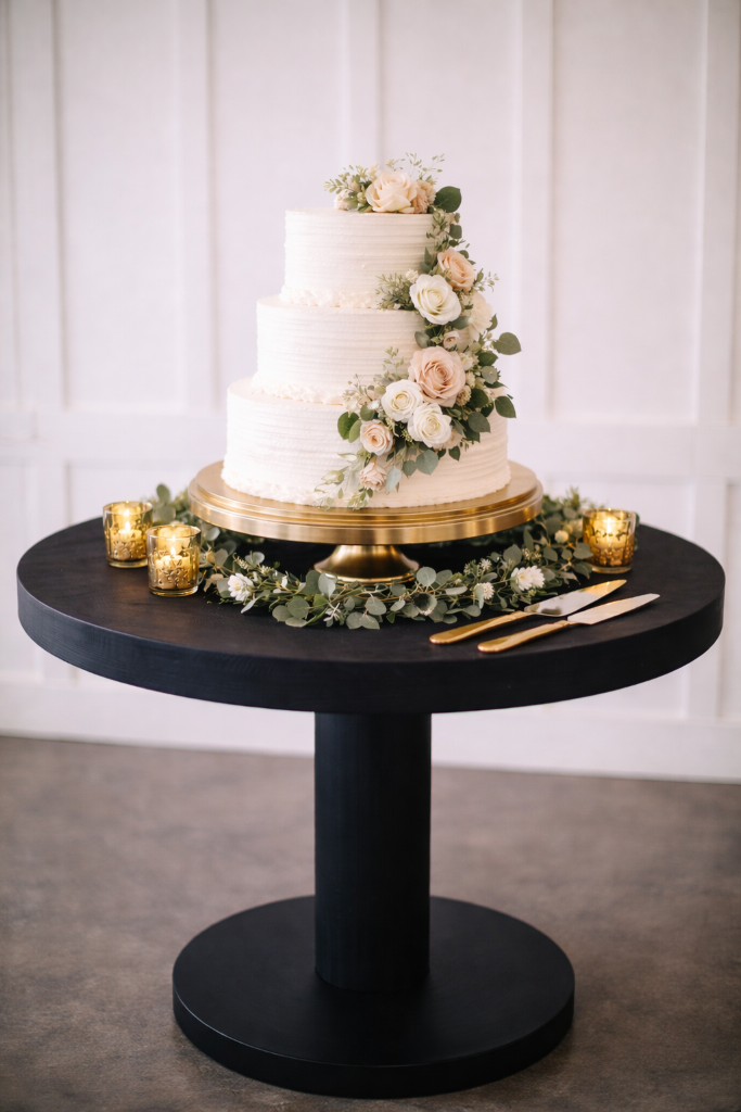 Elegant three-tier wedding cake with florals