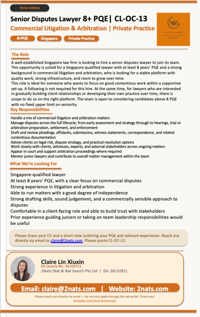Senior Disputes Lawyer (Commercial Litigation & Arbitration, 8+ PQE) (CL-OC-13)