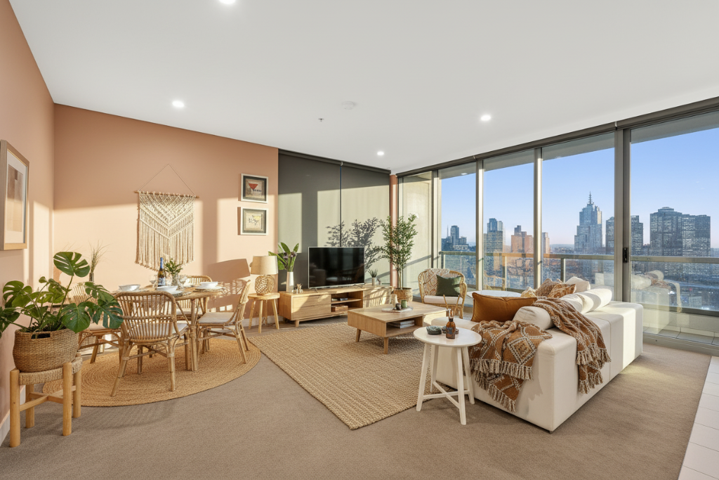 Modern living room with city view