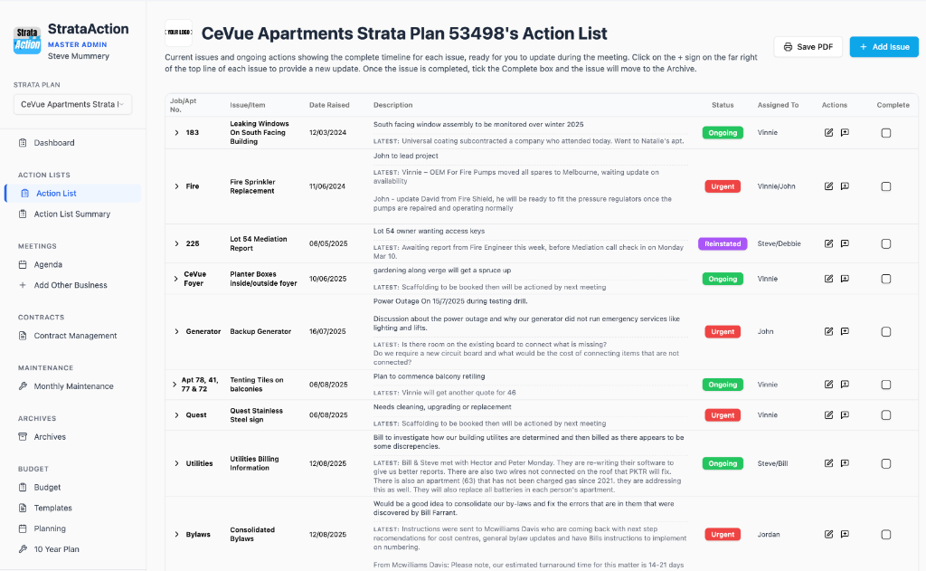 Strata Action Action List