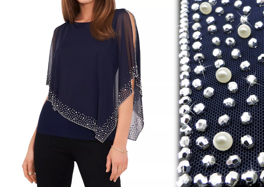 Navy Pearl Beaded Overlay Top