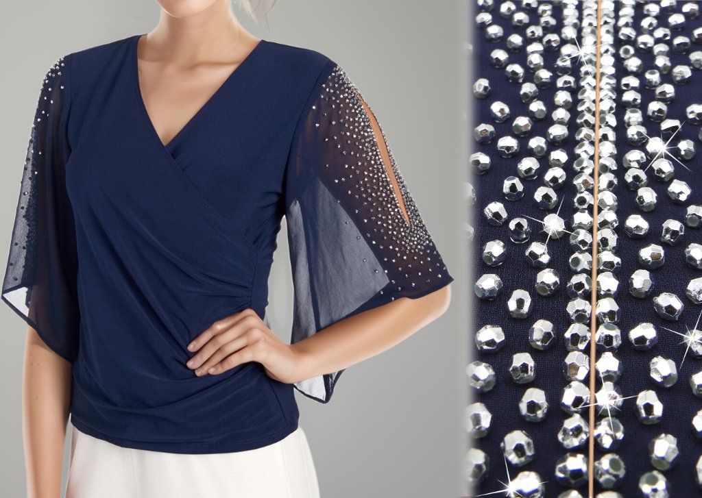 Navy Beaded Chiffon Sleeve