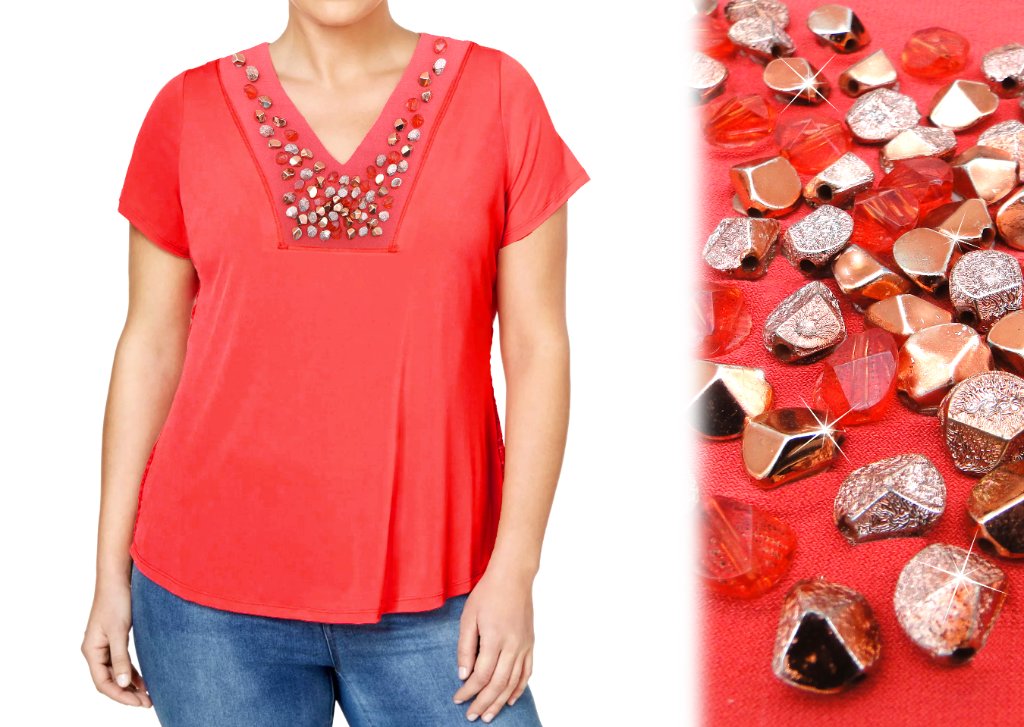 Coral Beaded Neckline Top
