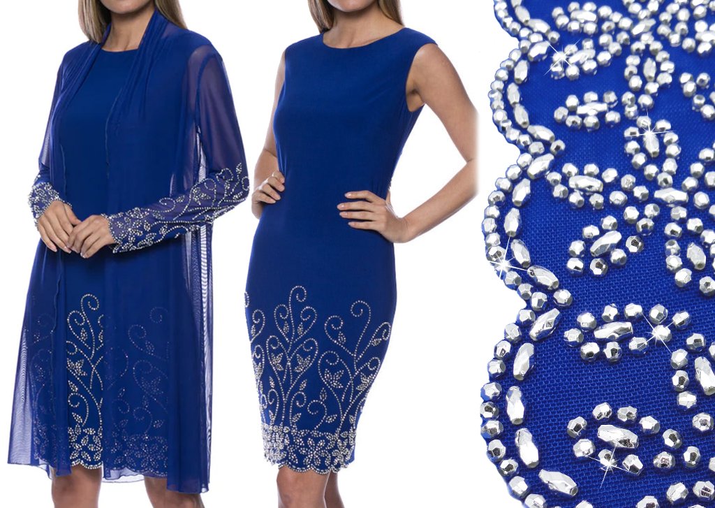 Royal Blue Pearl Beaded Dress with Cape