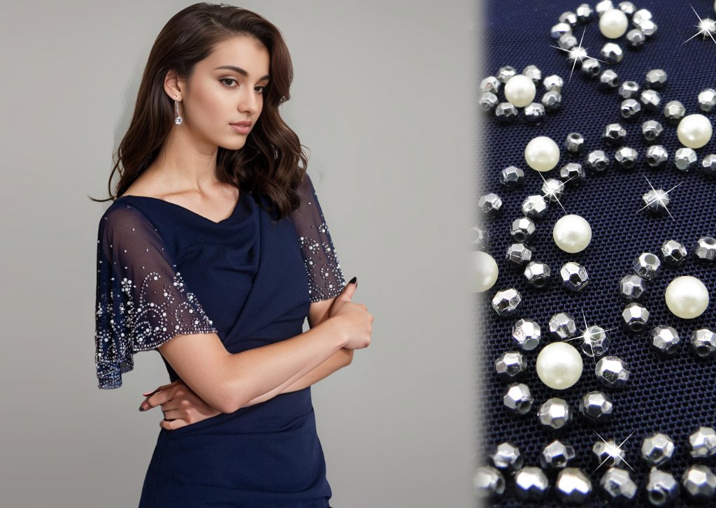 Navy Pearl Beaded Dress with Sleeves
