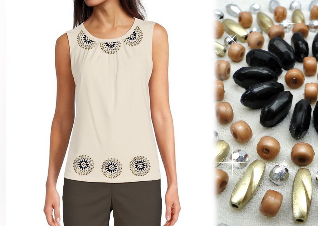 Beige Beaded Neckline Top