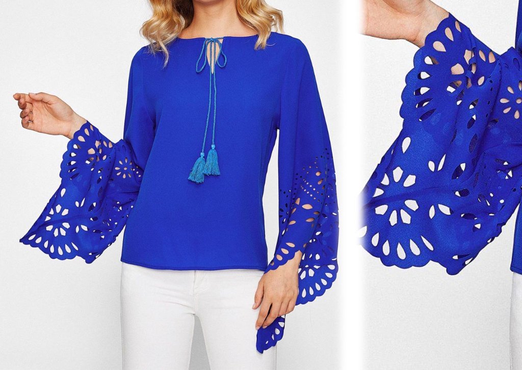 Blue Laser Cut Flare Sleeve Top