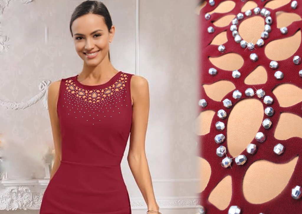 Burgundy Pearl Beaded Floral Dress
