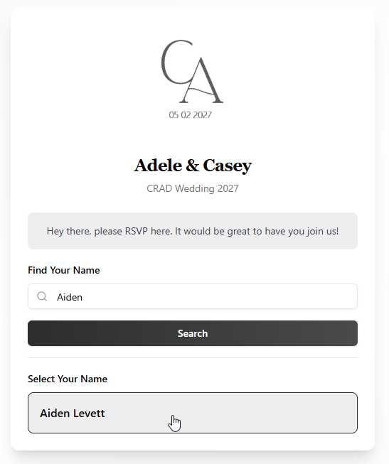 Guest-facing RSVP: guests find their name before responding.