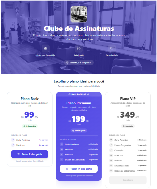 Página pública do Clube de Assinaturas com três planos