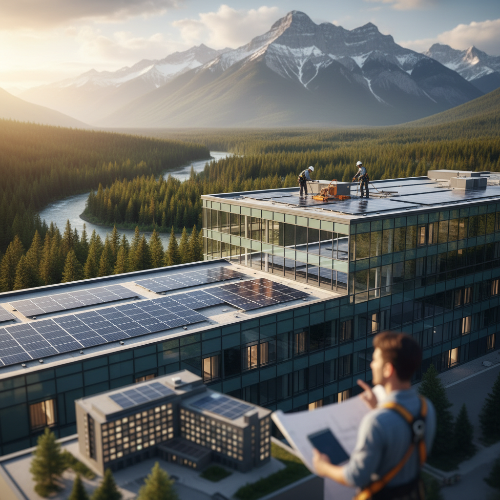 Installs solar panels on glass facades and rooftops of hotels to offset 24-hour electricity use. - AI generated hero