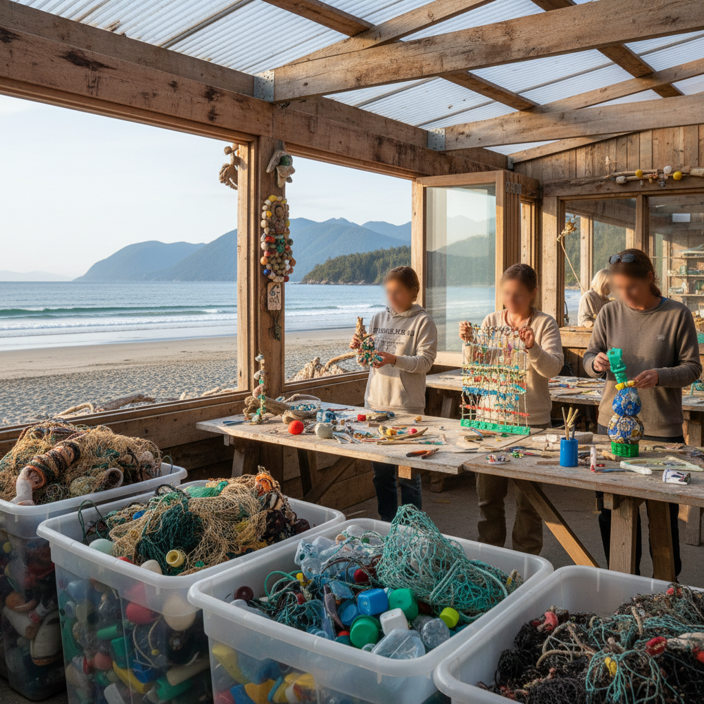 Resort workshops where tourists create art from collected marine litter. - AI generated hero