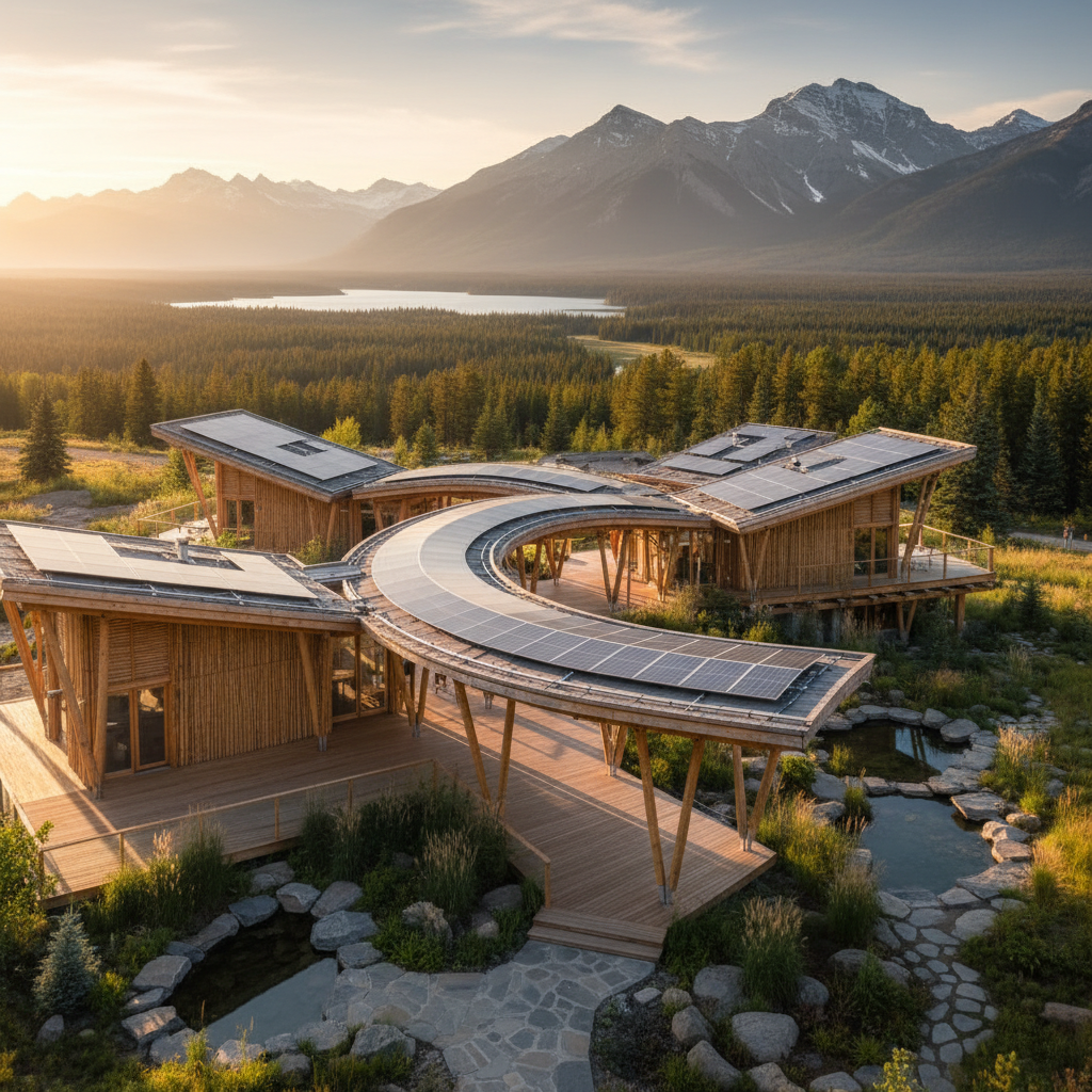 Fully sustainable hotel concept built with wood and bamboo, powered entirely by solar energy. - AI generated hero