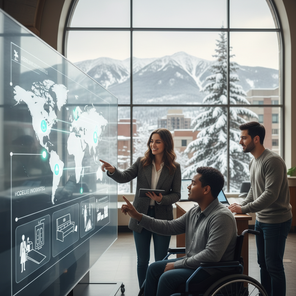 Helps travelers with mobility disabilities choose suitable flights and hotels by auditing accessibility facilities. - AI generated hero