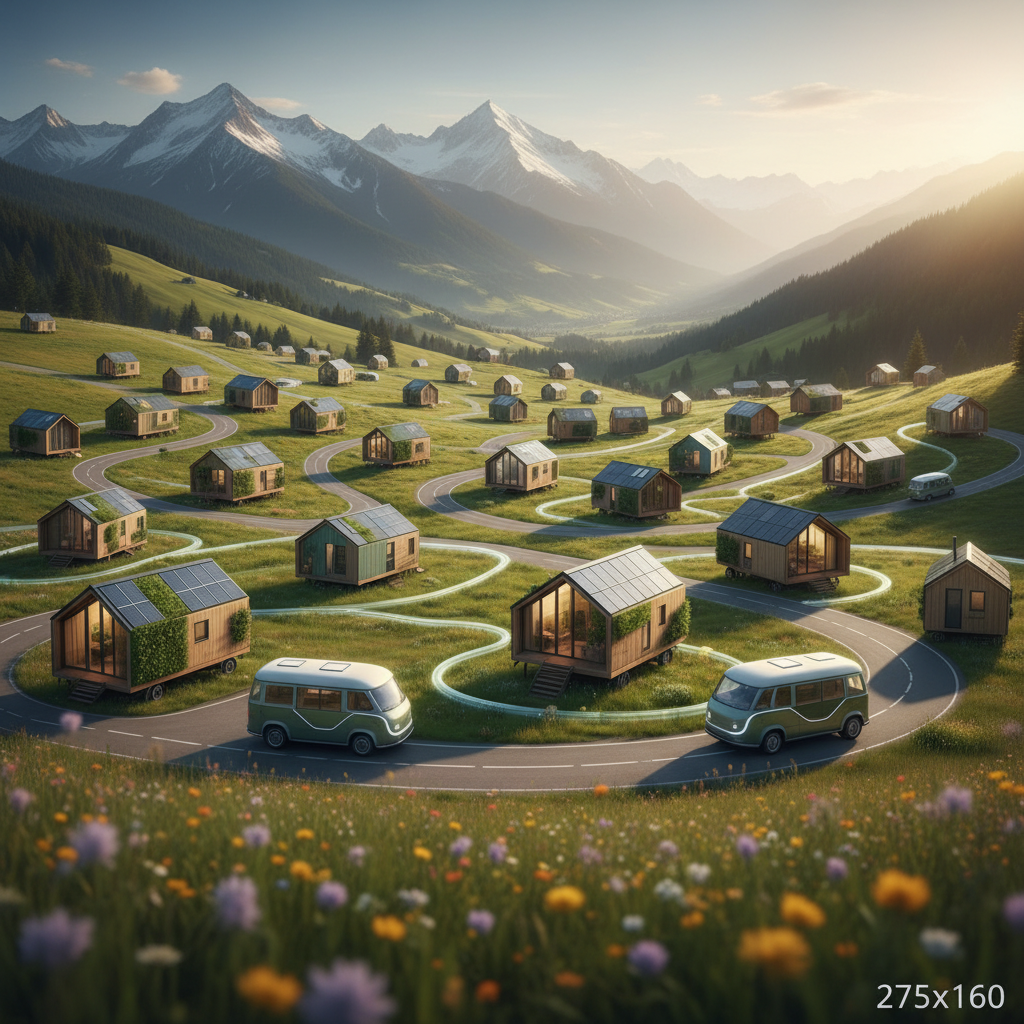 App-managed network of sustainable tiny houses for road trips across Austria. - AI generated hero