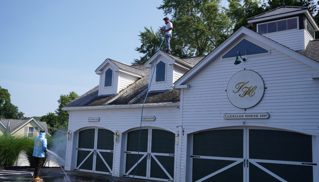 Professional gutter cleaning service removing debris and leaves from home gutters