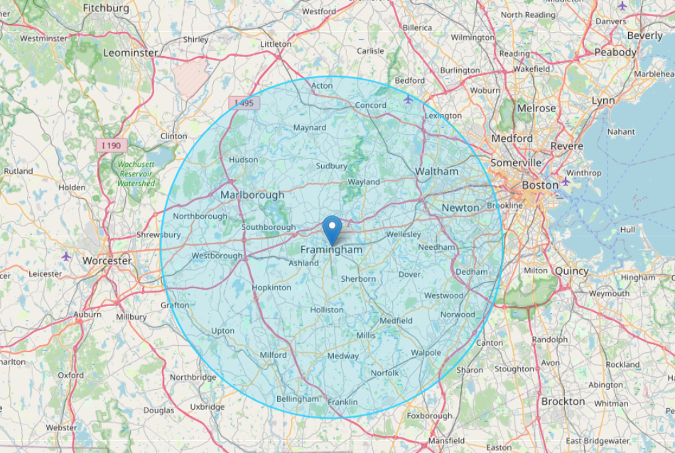 Service Area Map - Framingham, MA and surrounding areas