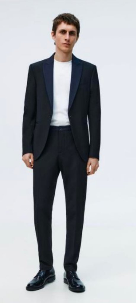 Male performer outfit example - navy blazer and dark pants