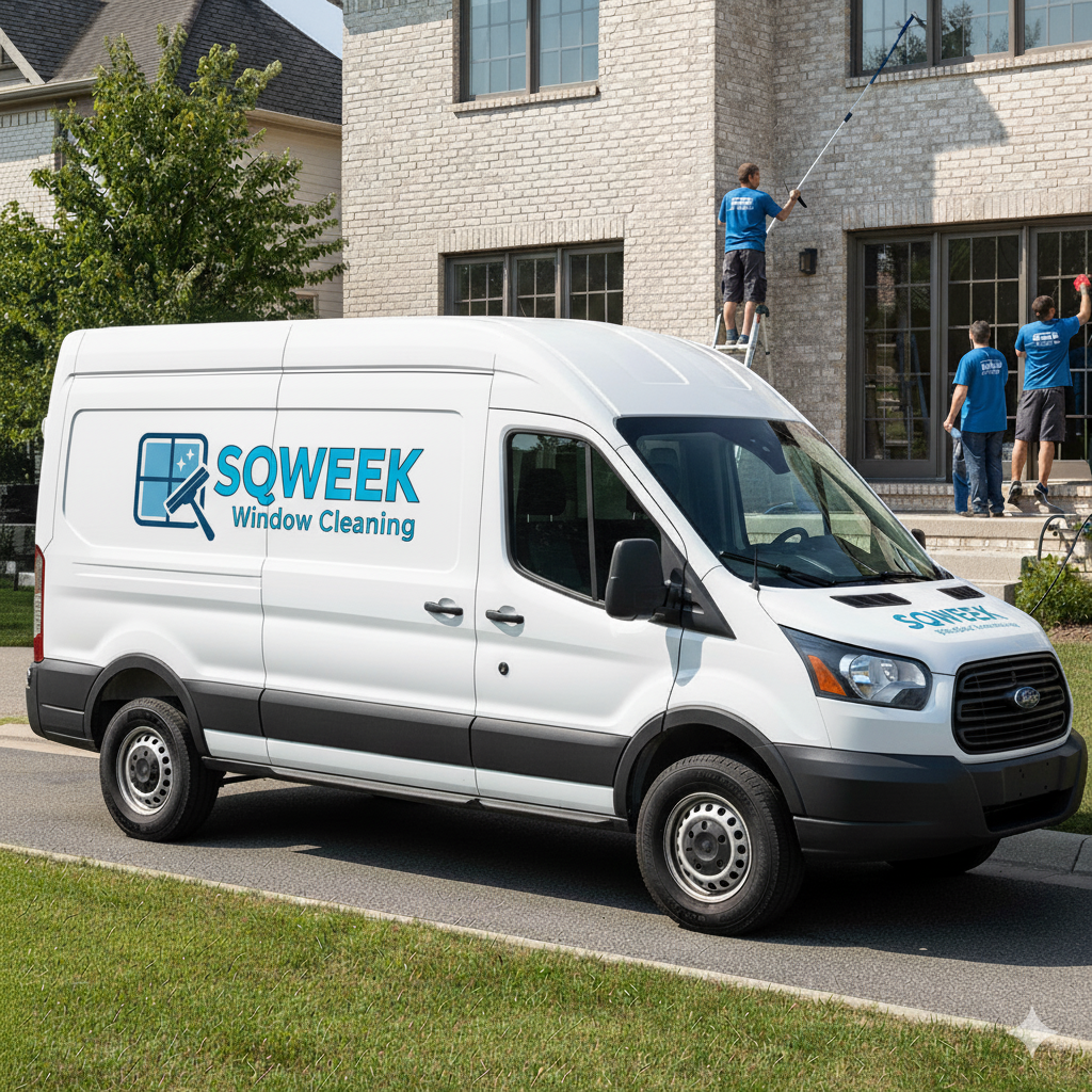 Professional window cleaner on ladder cleaning house windows