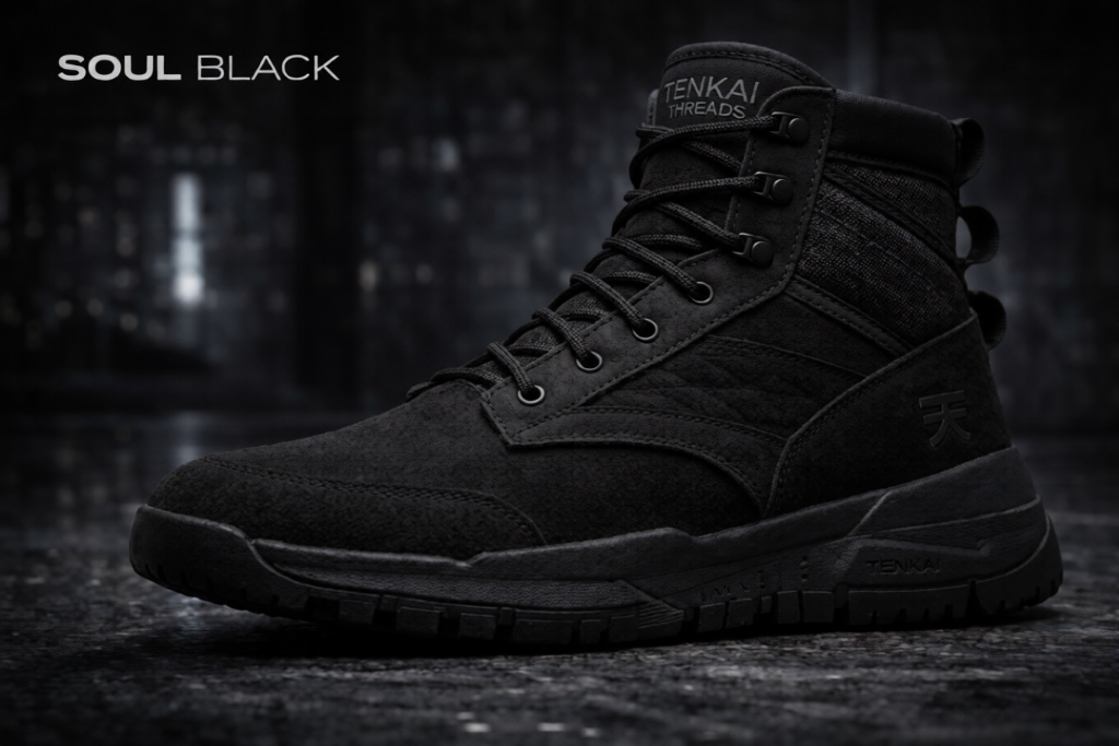 Soul Black footwear — Tenkai Threads first product direction, a disciplined black silhouette with signature identity details
