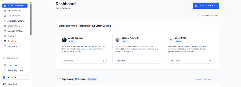 CastingCrowd agent dashboard with suggested actors and quick overview