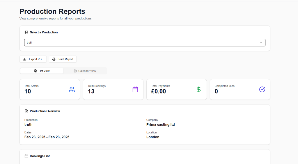 CastingCrowd production reports with stats, bookings list and calendar view
